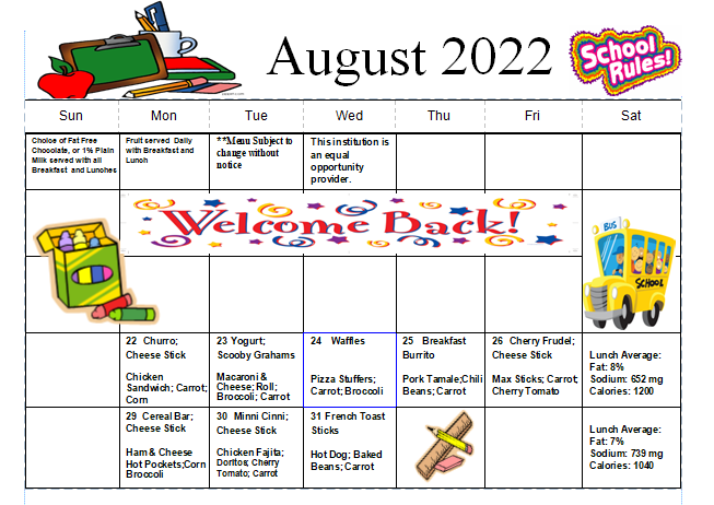 August Lunch Menu Tulelake Basin Elementary School
